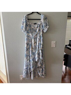 Scarlet Darkness White Blue Floral Midi Dress Womens LARGE Square Neck